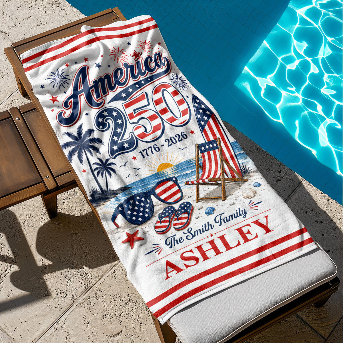 America 250th Anniversary Family Name Custom Name - Personalized Beach Towel - Family Patriotic Crew Matching Beach Towel