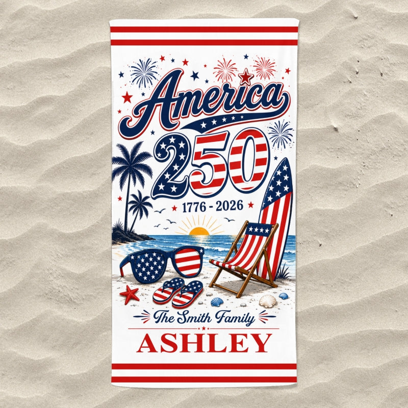 America 250th Anniversary Family Name Custom Name - Personalized Beach Towel - Family Patriotic Crew Matching Beach Towel