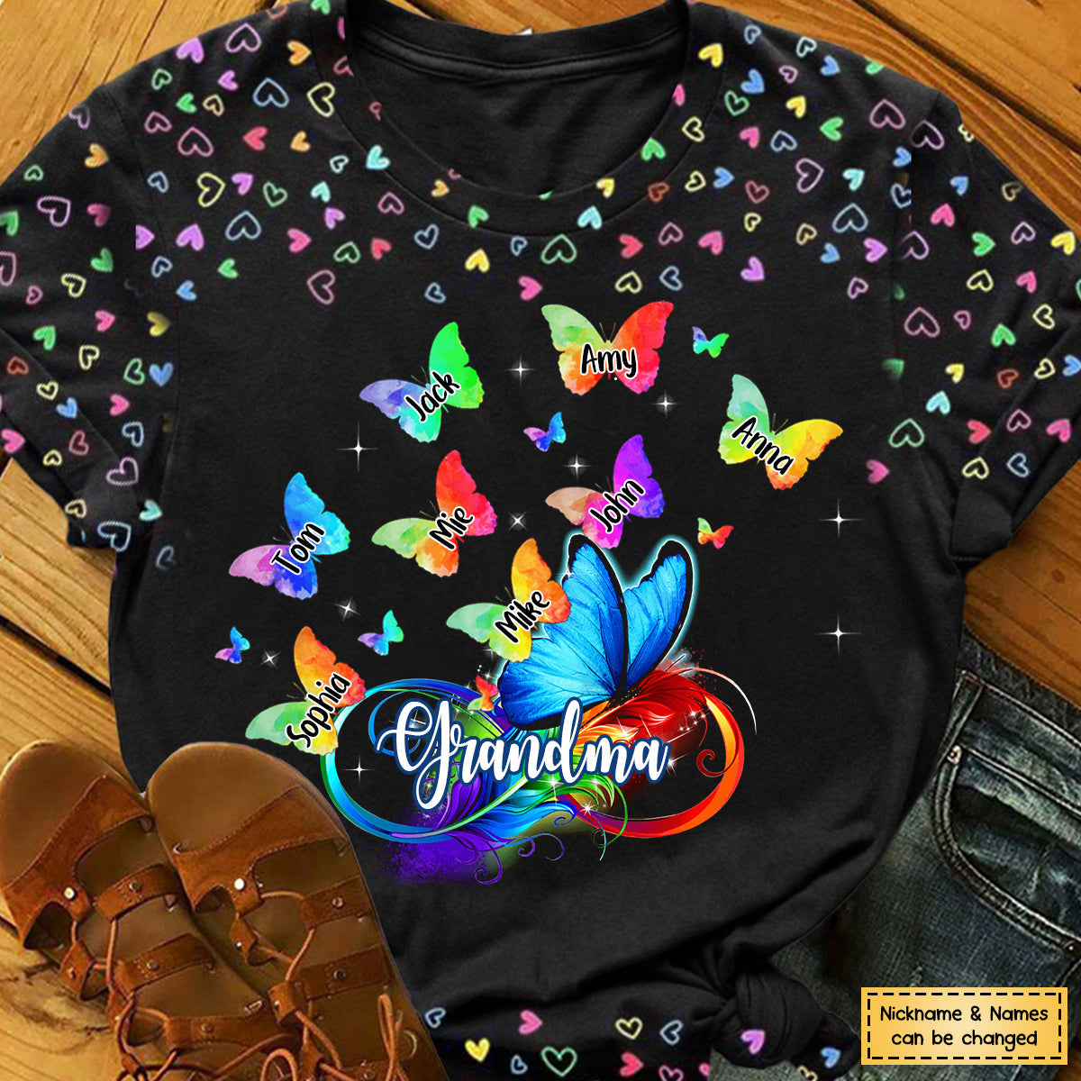 Colorful Butterfly Grandma with Grandkids Personalized 3D T-shirt