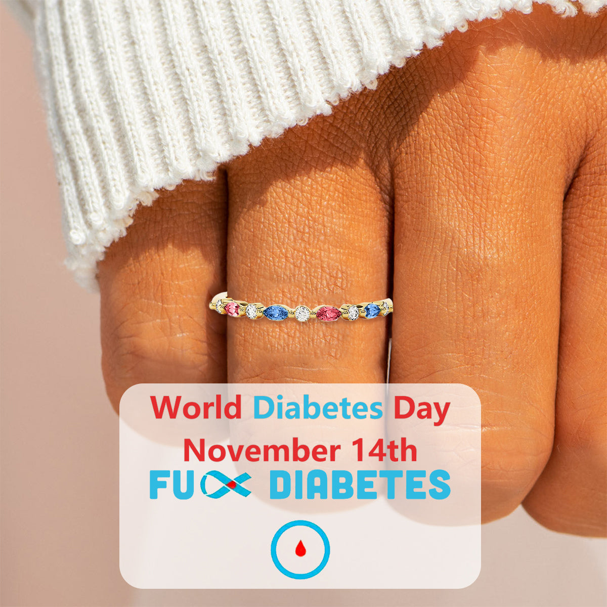 DIABETES AWARENESS-Cyan Diamond Thin Ring