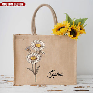 Personalized Birth Flower Beach Jute Tote Bag