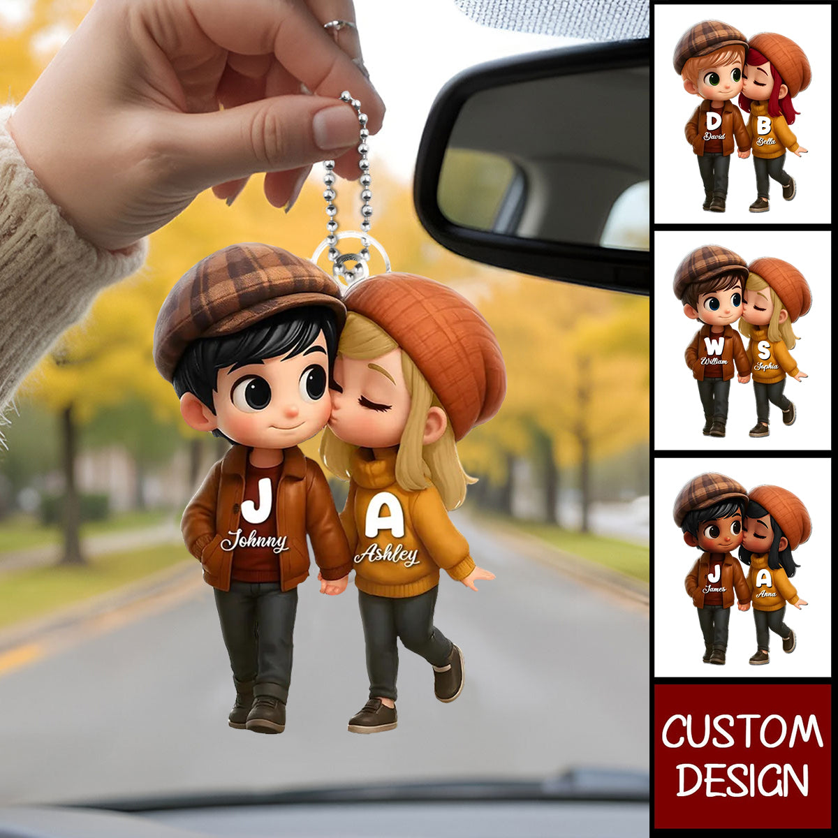 Fall Season 3D Effect Cute Cartoon Couple Walking Personalized Car Ornament, Perfect Gift for him, Gift for her