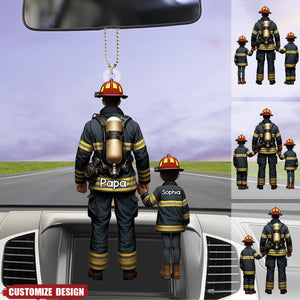 Firefighter Dad And Kids - Personalized Acrylic Car Ornament