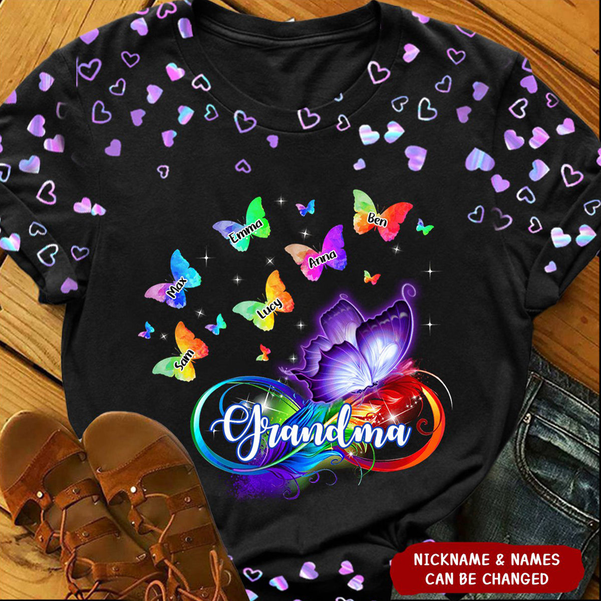 Colorful Butterfly Grandma with Grandkids Personalized 3D T-shirt