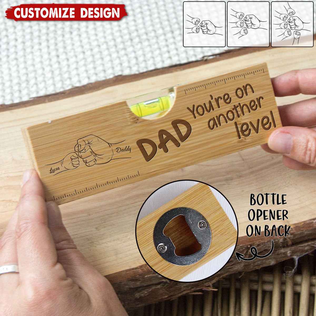 Dad Fist Bump - Personalized Engraved Wooden Spirit Level Bottle Opener