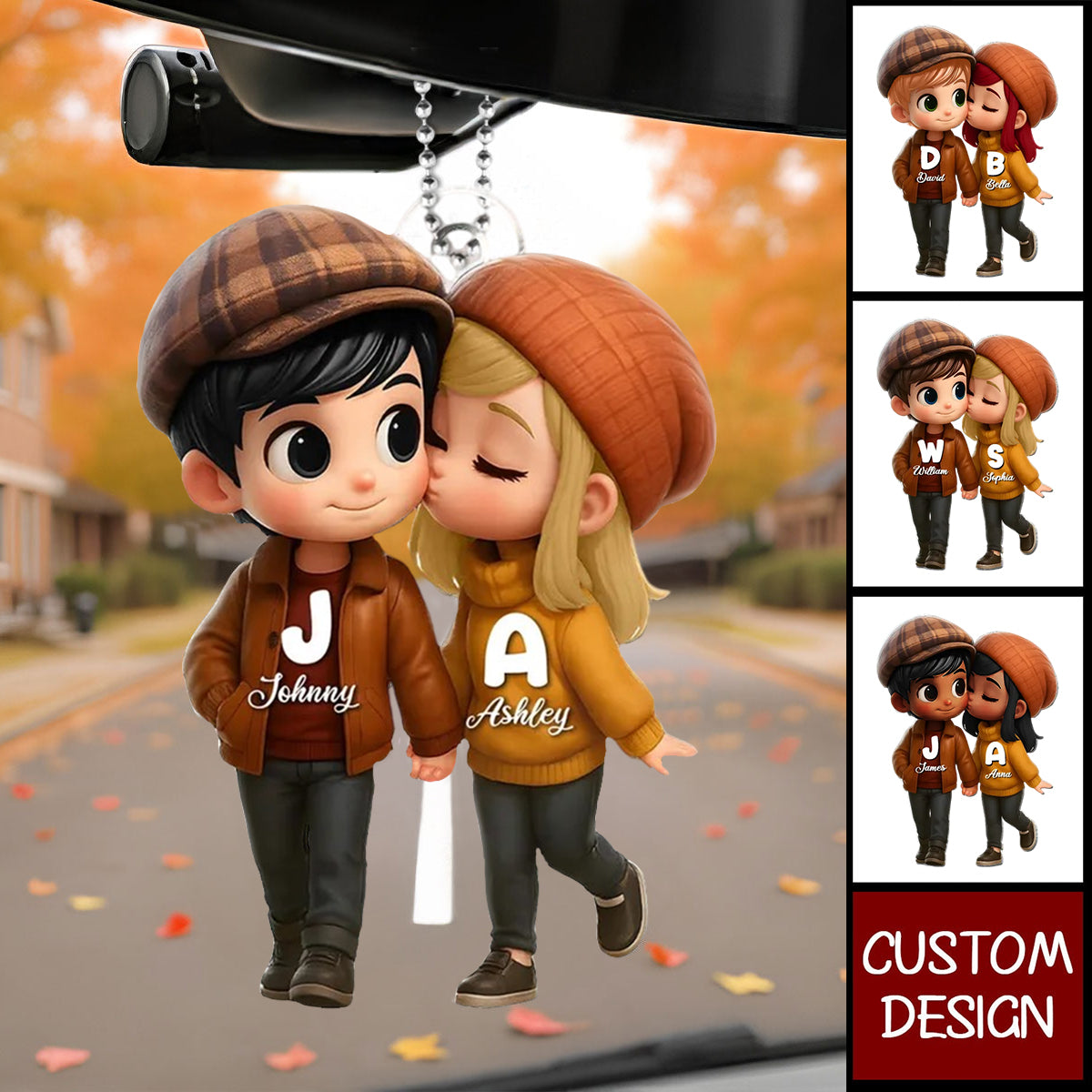 Fall Season 3D Effect Cute Cartoon Couple Walking Personalized Car Ornament, Perfect Gift for him, Gift for her