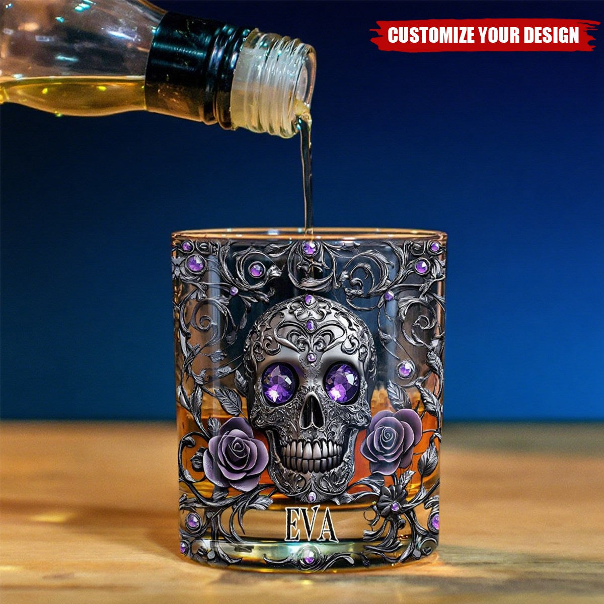 Beautiful Skull And Roses - Personalized Skull Whiskey Glass