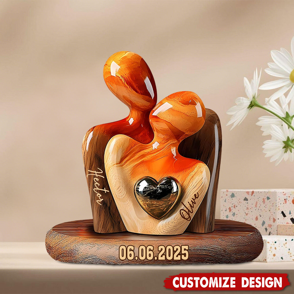Elegant Couple Statue with Heart Inlay - Personalized Couple Wooden Plaque