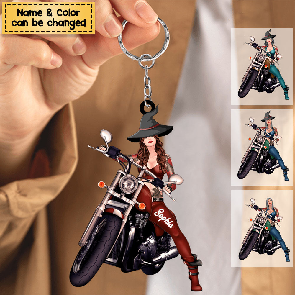Custom Personalized Witch Biker Acrylic Keychain - Halloween Gift Idea For Bikers