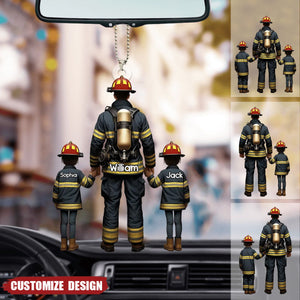 Firefighter Dad And Kids - Personalized Acrylic Car Ornament