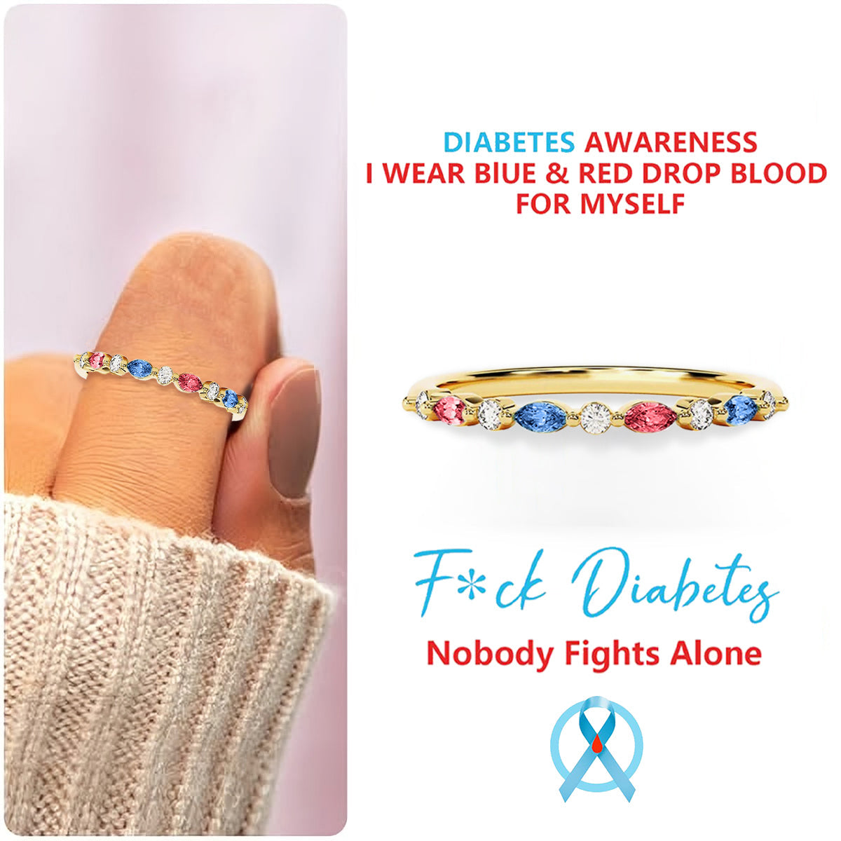 DIABETES AWARENESS-Cyan Diamond Thin Ring