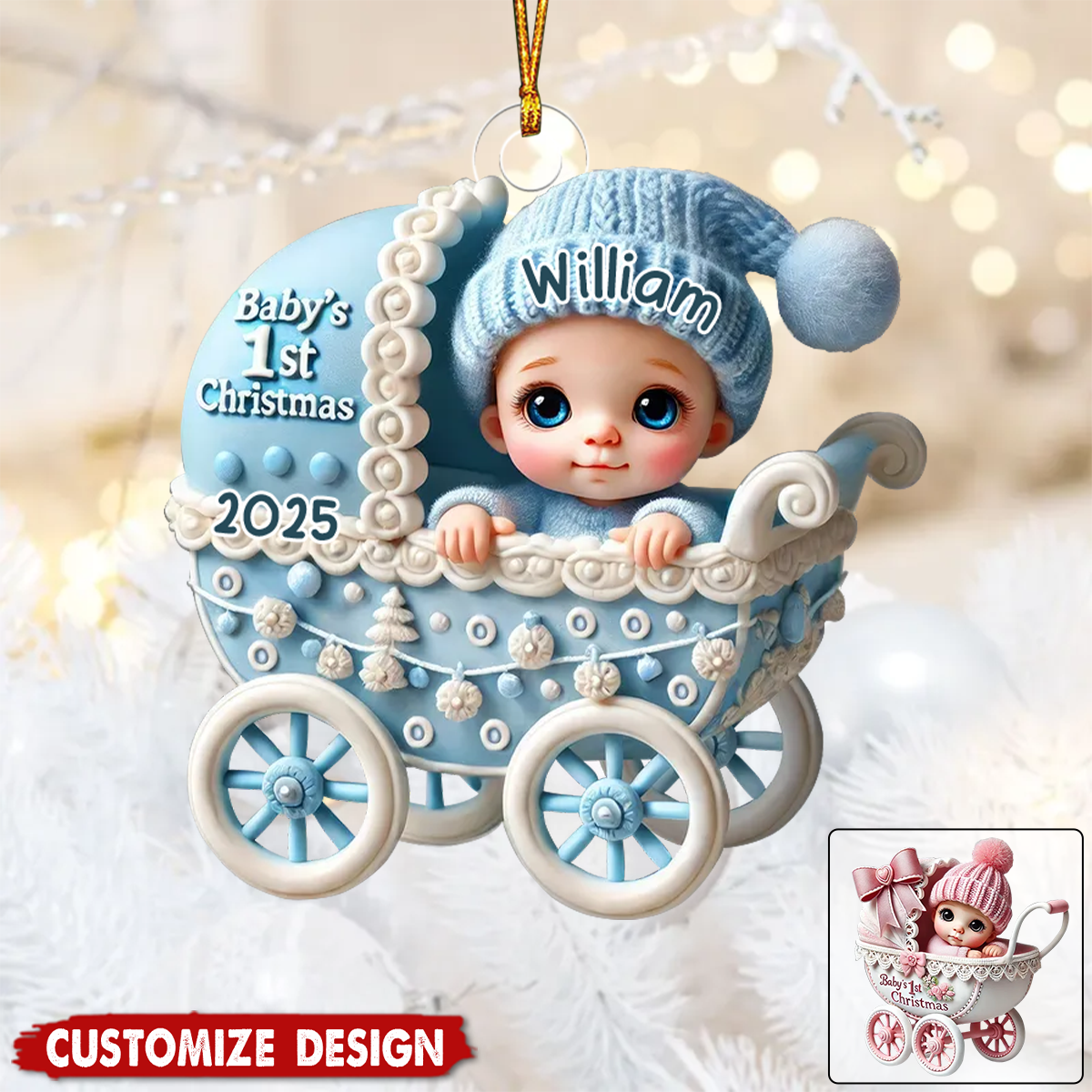 Newborn Baby In Carriage Christmas Personalized Acrylic Ornament