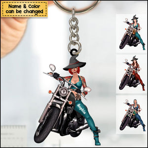 Custom Personalized Witch Biker Acrylic Keychain - Halloween Gift Idea For Bikers