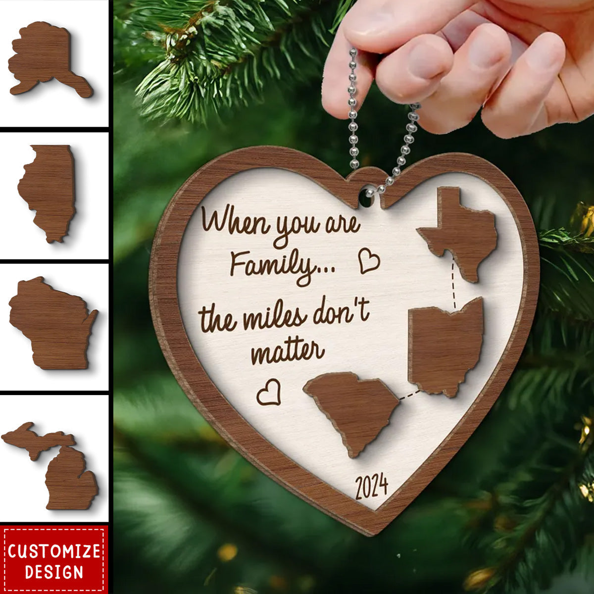 Miles Apart Long Distance Family Friendship State Map Personalized 2-Layer Wooden Ornament 2024 New Release