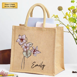 Personalized Birth Flower Beach Jute Tote Bag