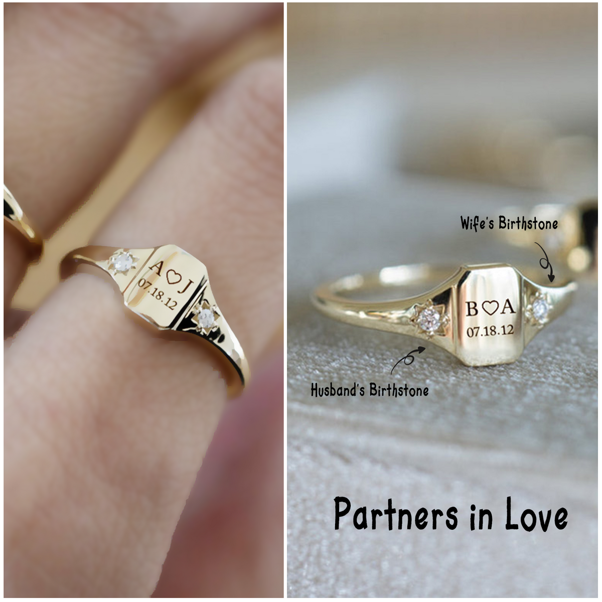 Custom Name Personalized Rings With 2 Birthstones, Gift for Couple (Unisex Design)