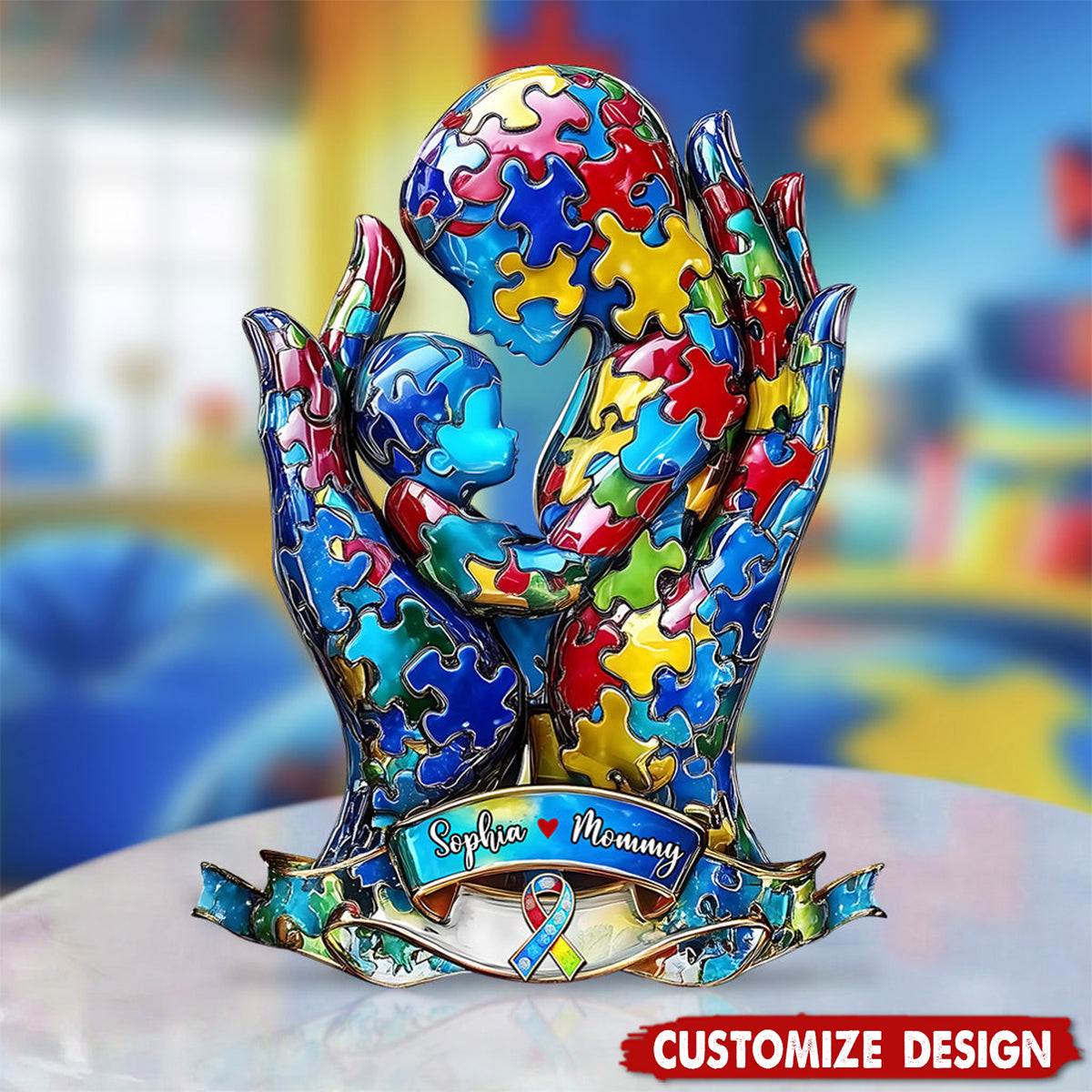 Mom And Kid - Personalized Autism Awareness Shaped Acrylic Plaque