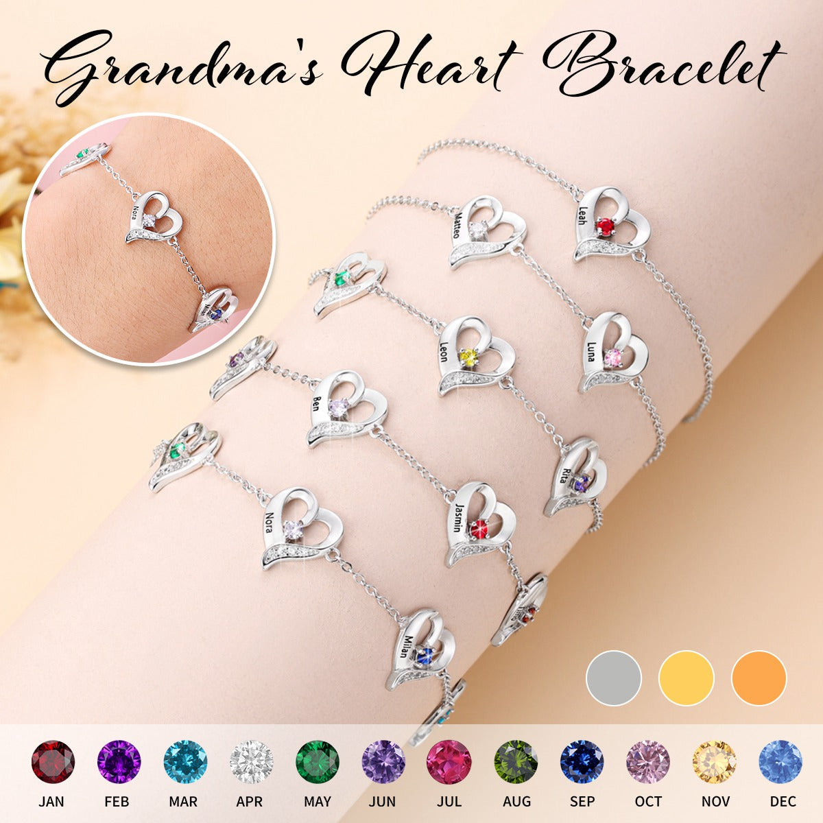 Personalized Heart Bracelet With Birthstones-Gift For Mom Grandma