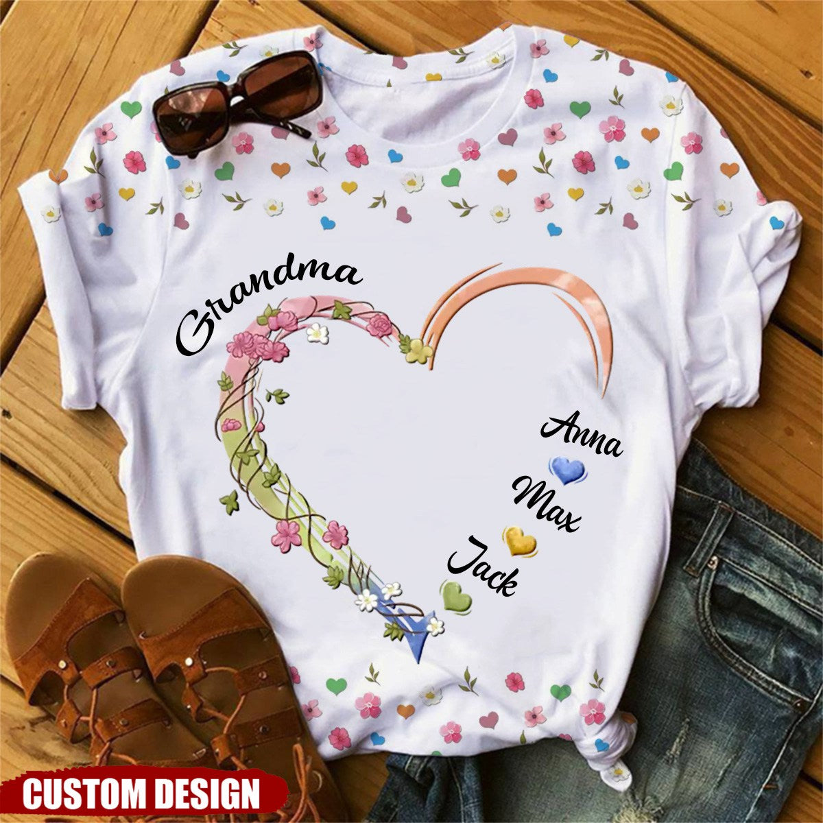 Personalized Grandma, Nana Flower Heart 3D T-shirt