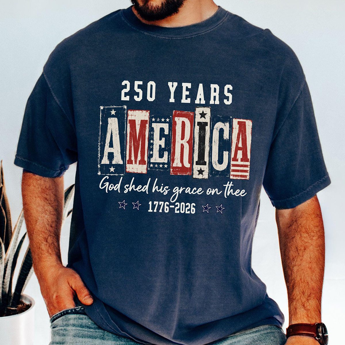 Patriotic Christian American Flag 250 Years Tee-Gift For Fourth Of July Enthusiasts