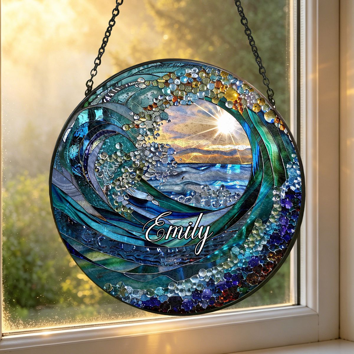 Ocean Wave Stained Glass Suncatcher