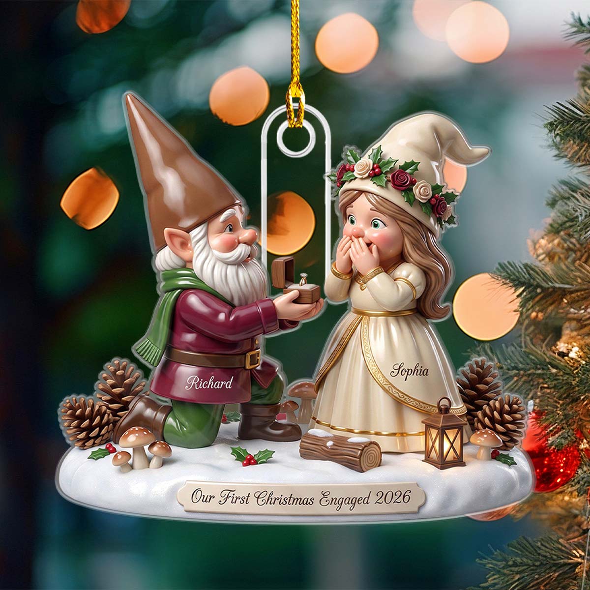 First Christmas Engaged Ornament 2026, Personalized Gnome Couple Engagement Gift