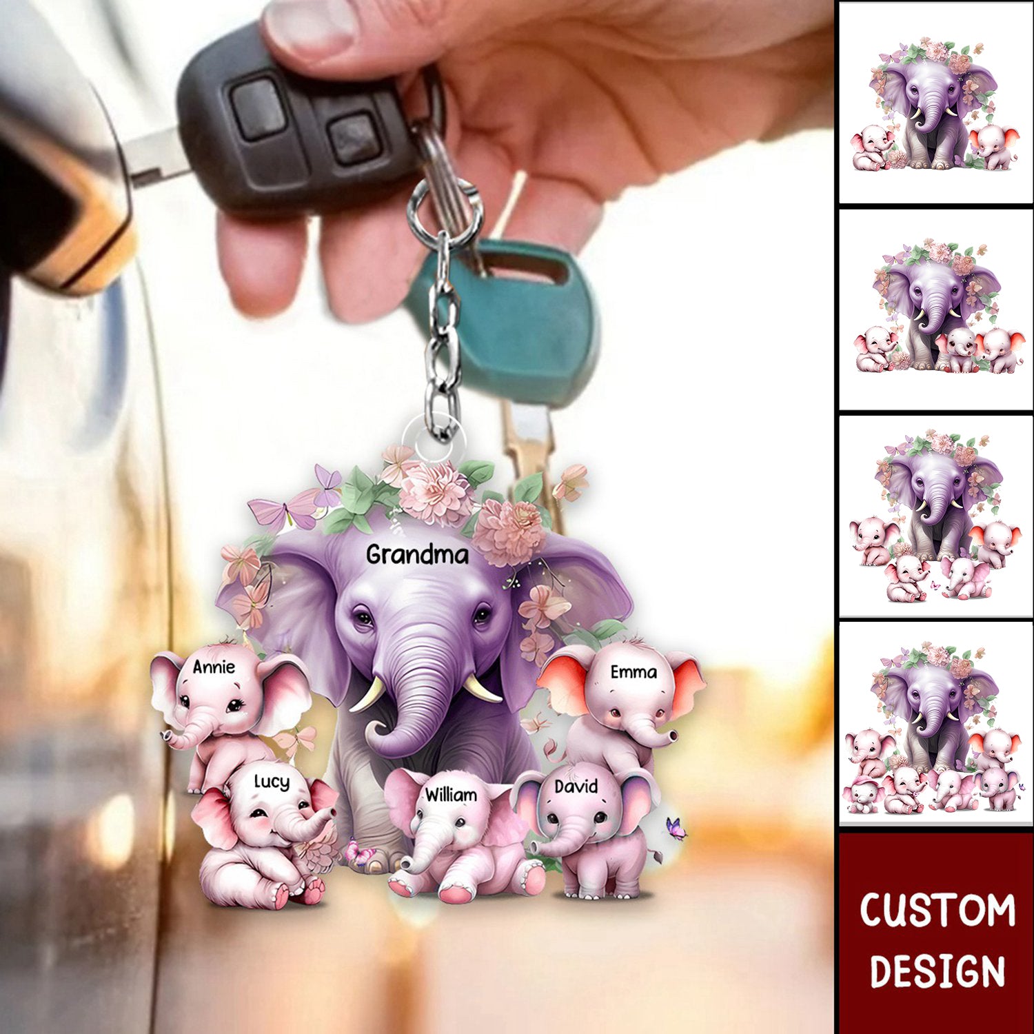 Mama Purple Elephant With Little Kids - Personalized Acrylic Keychain - Gift For Mom, Grandma