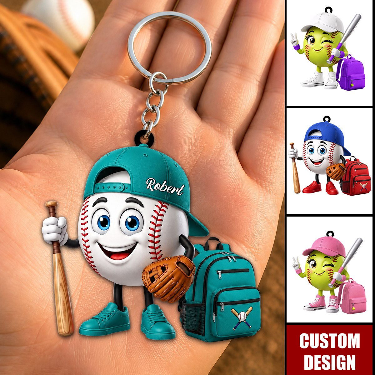 Personalized Cute Baseball Softball Mascot Keychain - Gift for Baseball Softball Lover - New Release