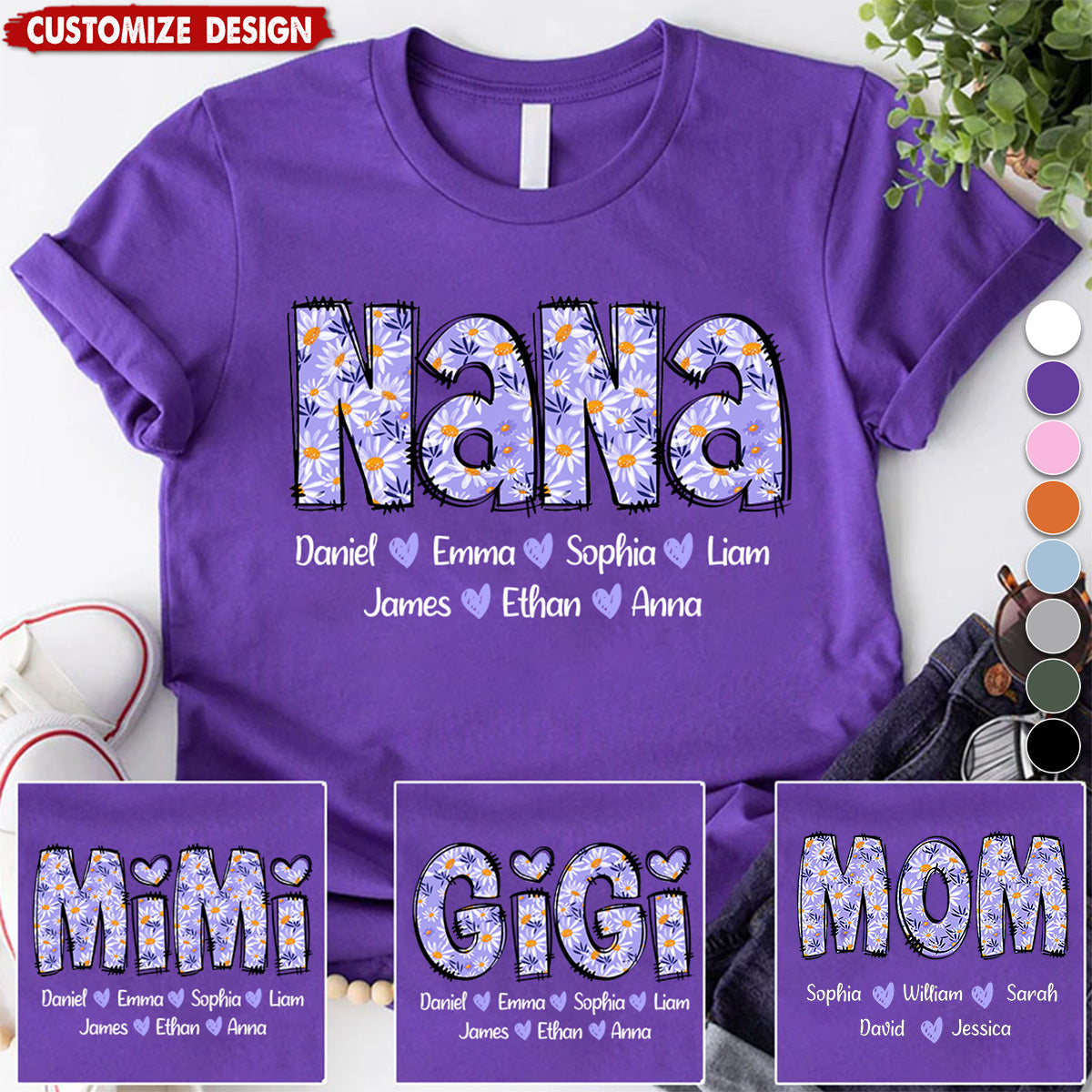 Custom Gigi Purple Daisy With Grandkids Mother's Day Personalized T-Shirt