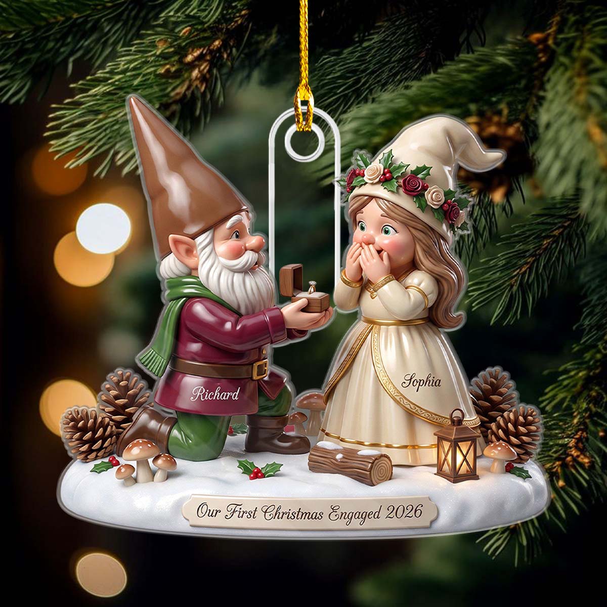First Christmas Engaged Ornament 2026, Personalized Gnome Couple Engagement Gift