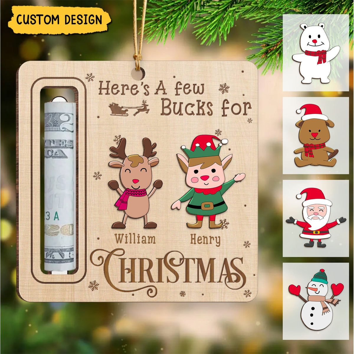 2024 New Release - Here's A Few Bucks For Christmas - Personalized Wooden Ornament, Money Holder - Christmas Gift For Family Members