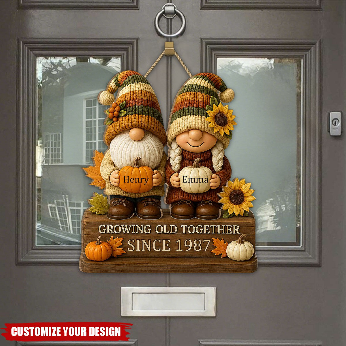 Growing Old Together, Couple With Sunflowers And Pumpkins Wood Sign, Gift For Couples And Grandparents