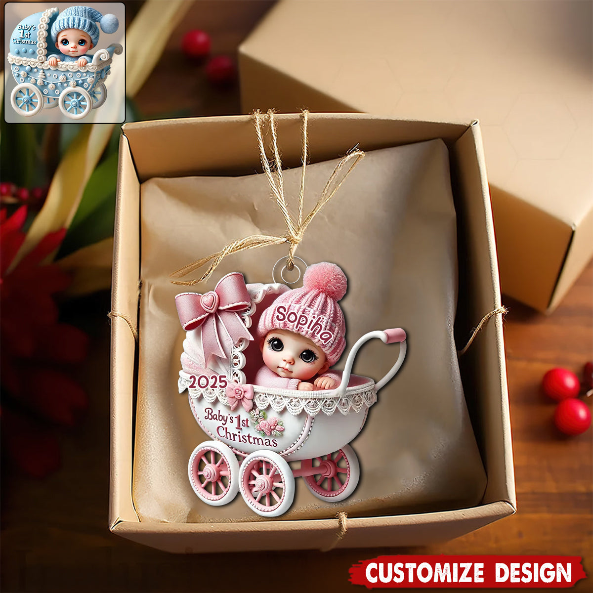 Newborn Baby In Carriage Christmas Personalized Acrylic Ornament