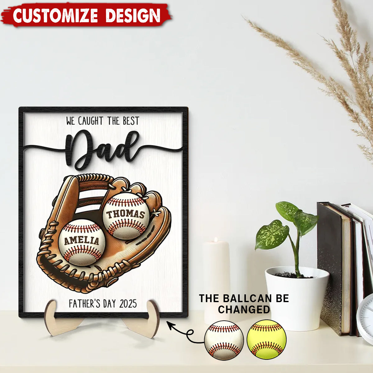 Personalized 2-Layered Wooden Plaque, Father’s Day Gift We Caught The Best Dad Baseball, Softball