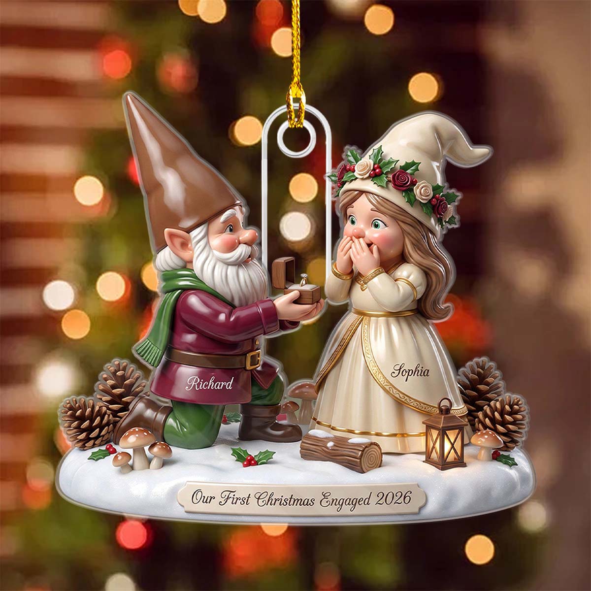First Christmas Engaged Ornament 2026, Personalized Gnome Couple Engagement Gift