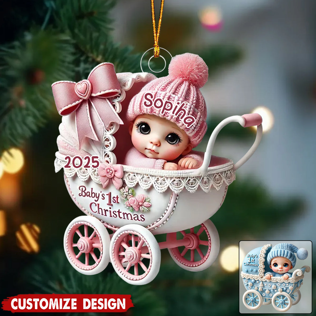 Newborn Baby In Carriage Christmas Personalized Acrylic Ornament