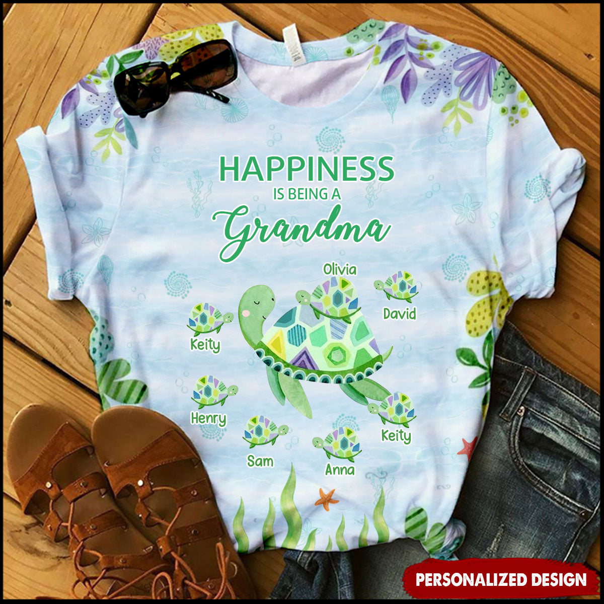 Turtle Grandma Auntie Mom Kids, Happiness is being a Grandma Personalized 3D T-shirt