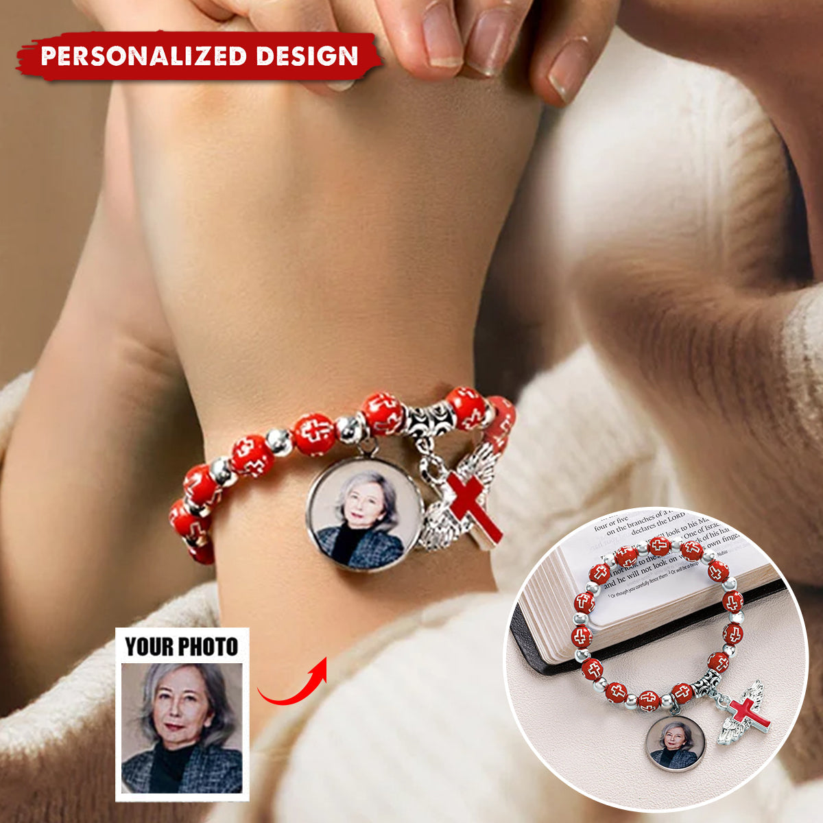Personalised Cross Commemorative Bracelet with Photo-Memorial Gift For Friend Or Family