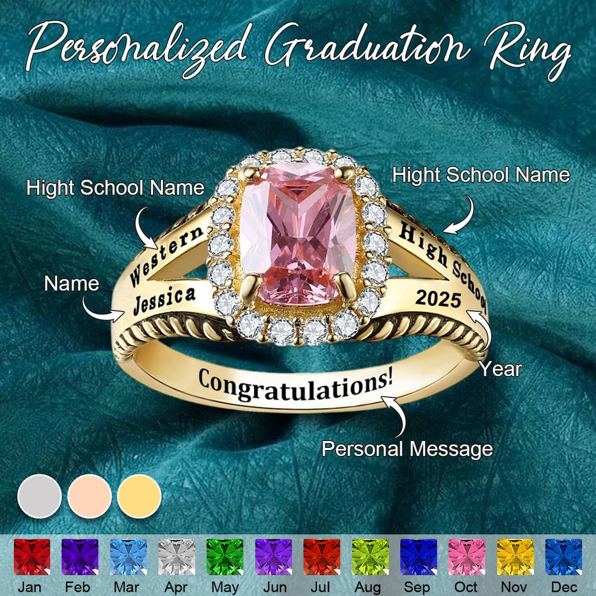 Personalized Square Birthstone Ring-Gift for Class of 2025 Graduates