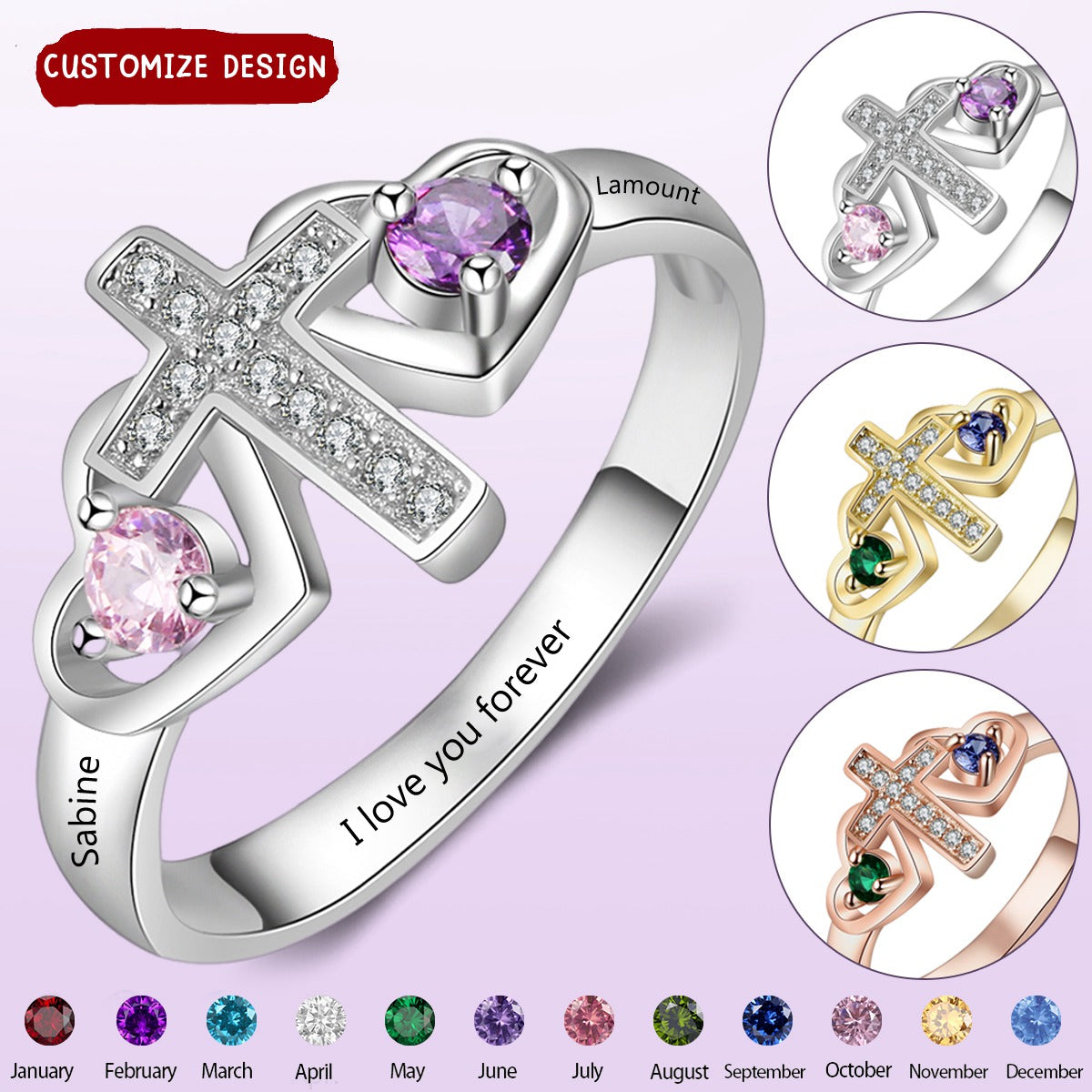 Personalized Cross Rings With 2 Birthstones - Custom Name Faith Promise Rings