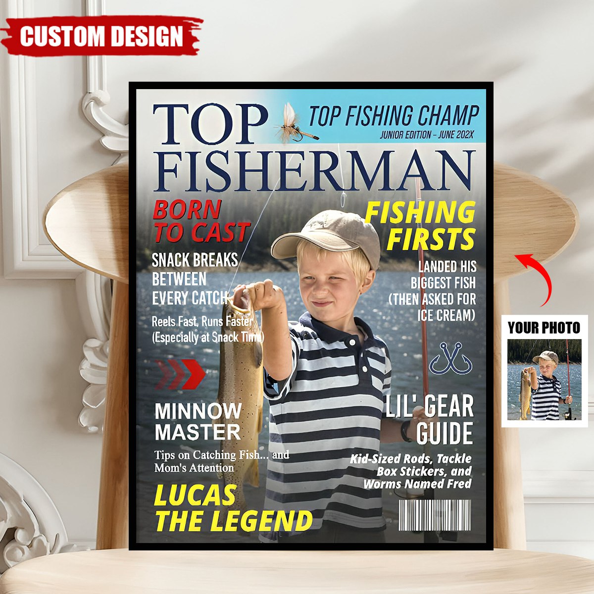 Custom Kids Fishing Magazine Cover Poster, Fishing Gifts for Boys, Fishing Gift for Son, Grandson, or Young Angler, Personalized Fisherman Gift