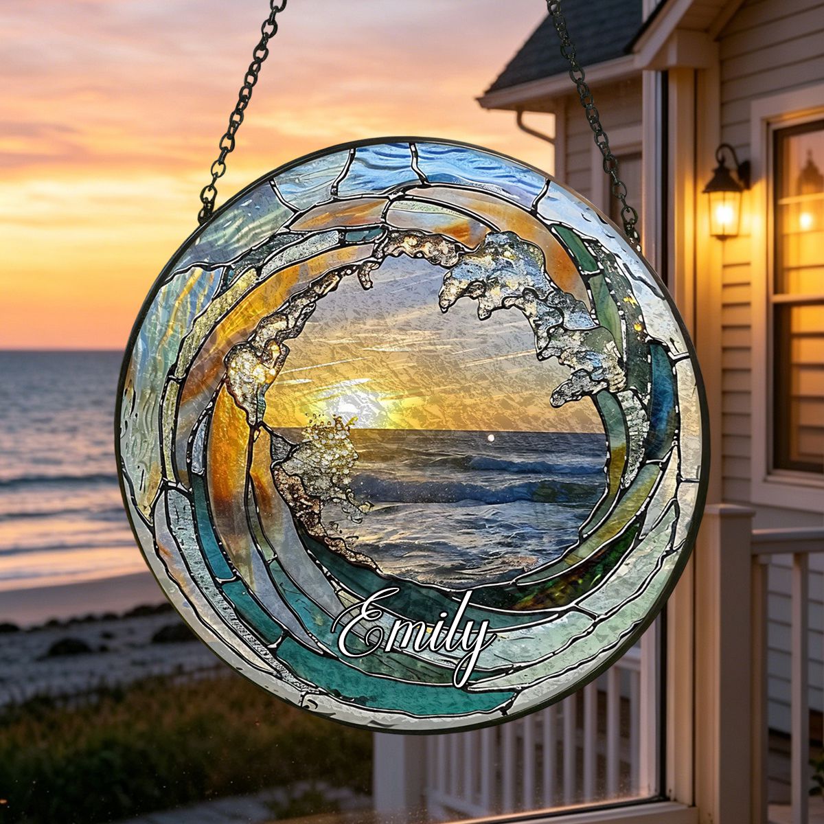 Ocean Wave Stained Glass Suncatcher