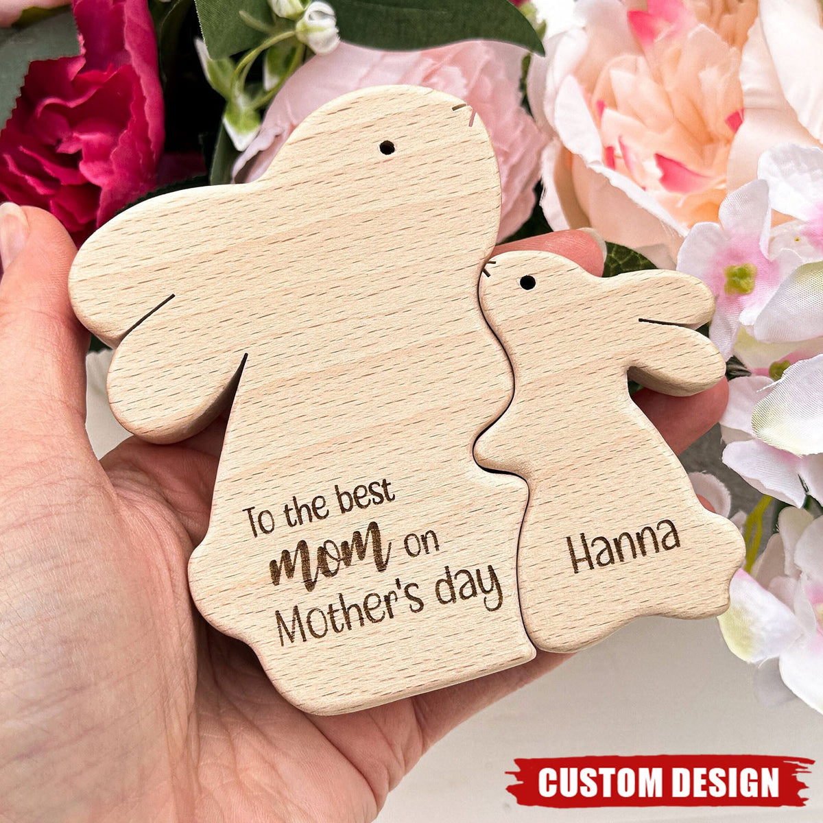Wooden Bunny Mom And Baby - Personalized Wooden Puzzle, Mother's Day Gift