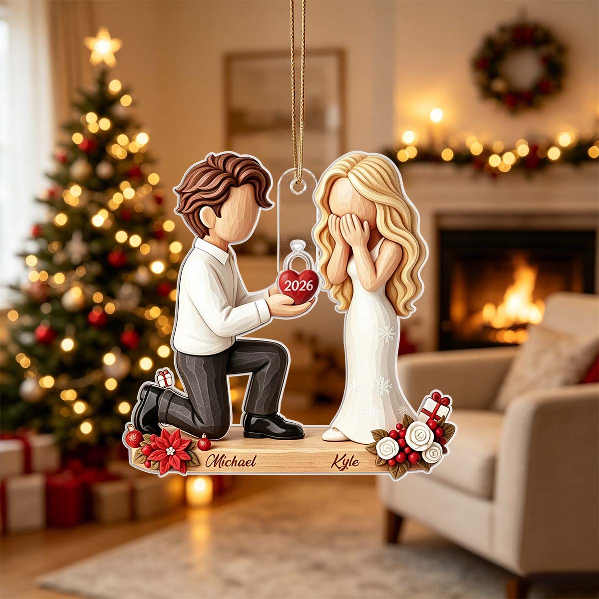 Personalized Couple Marriage Proposal Christmas Ornament, First Christmas Engaged,She Said Yes,Wedding Xmas Gift,Engagement Gift For Couples