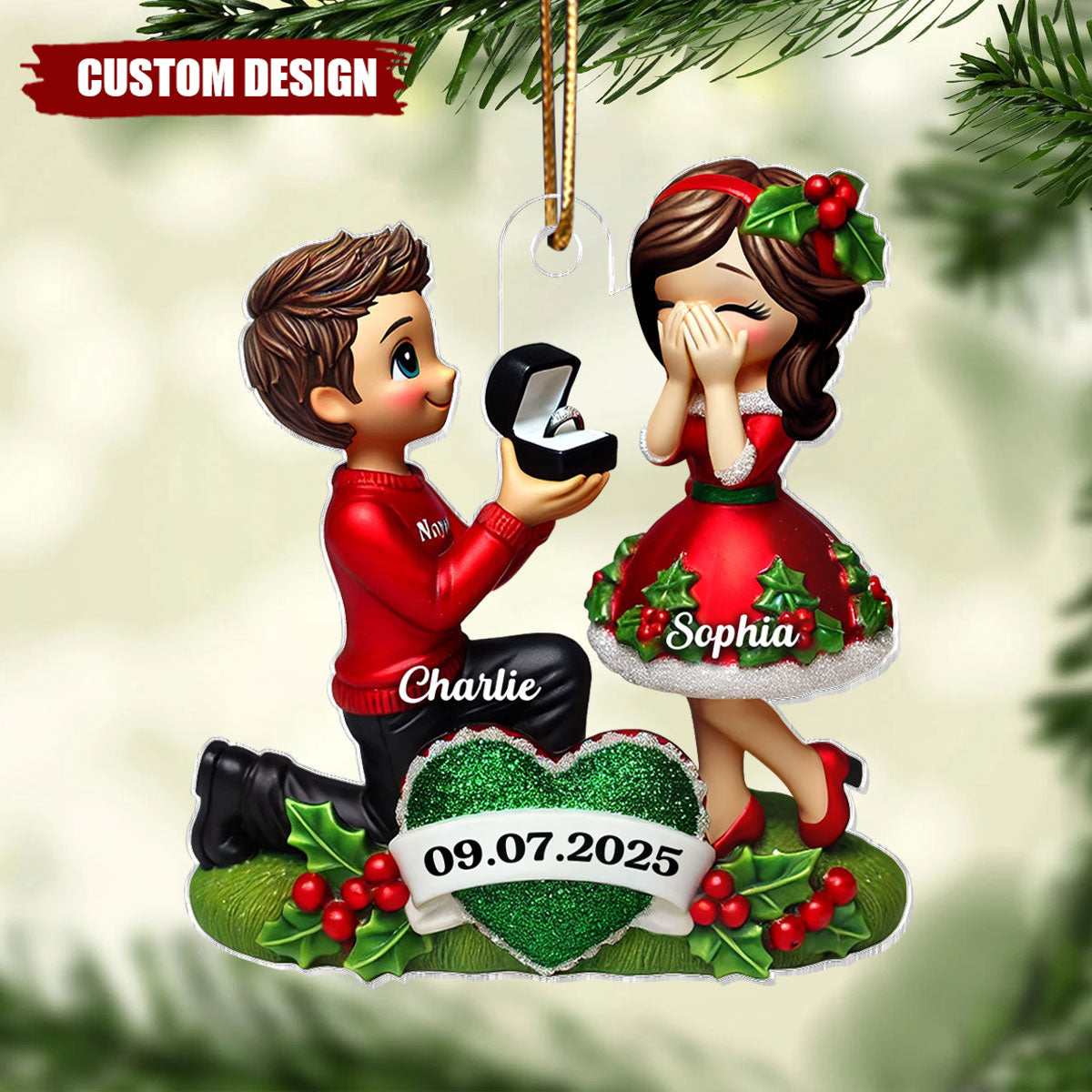 Marriage Proposal 3D Effect Ornament for Couples, Personalized Newly Engaged Gift, "She Said Yes!" Ornament