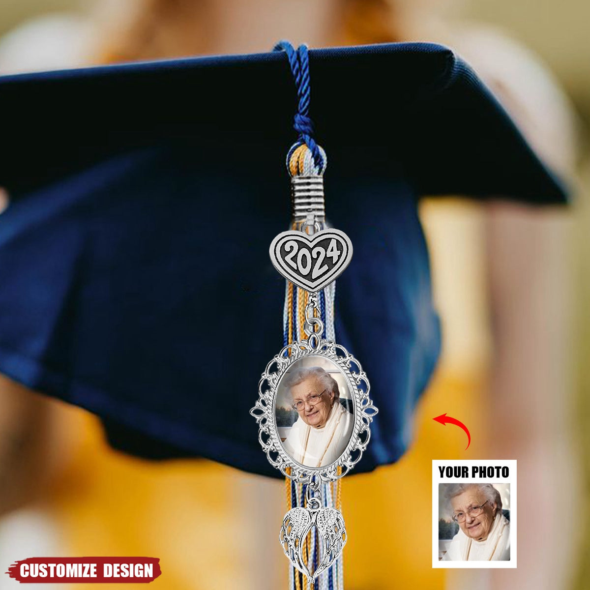 Personalized Graduation Tassel Photo Charm With Angel Wings - Memorial Graduation Gift