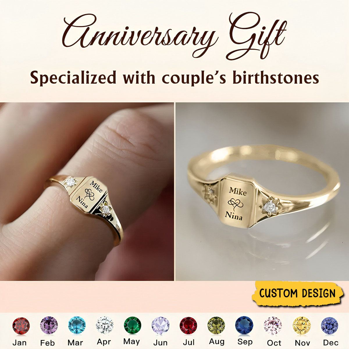 Custom Couples Rings Custom Name Personalized Rings With 2 Birthstones, Gift for Couple (Un ...