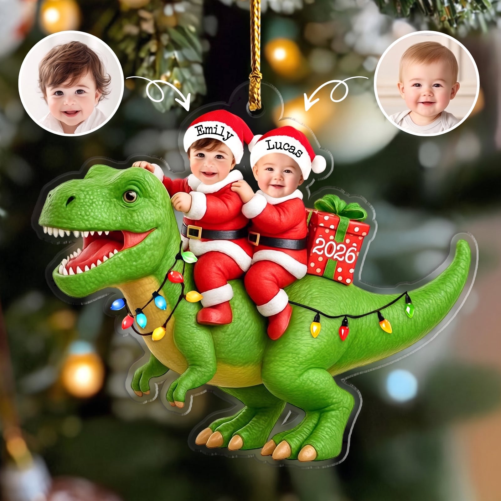 Personalized Dinosaur Christmas Ornament 2026, Custom Kids Photo Ornament