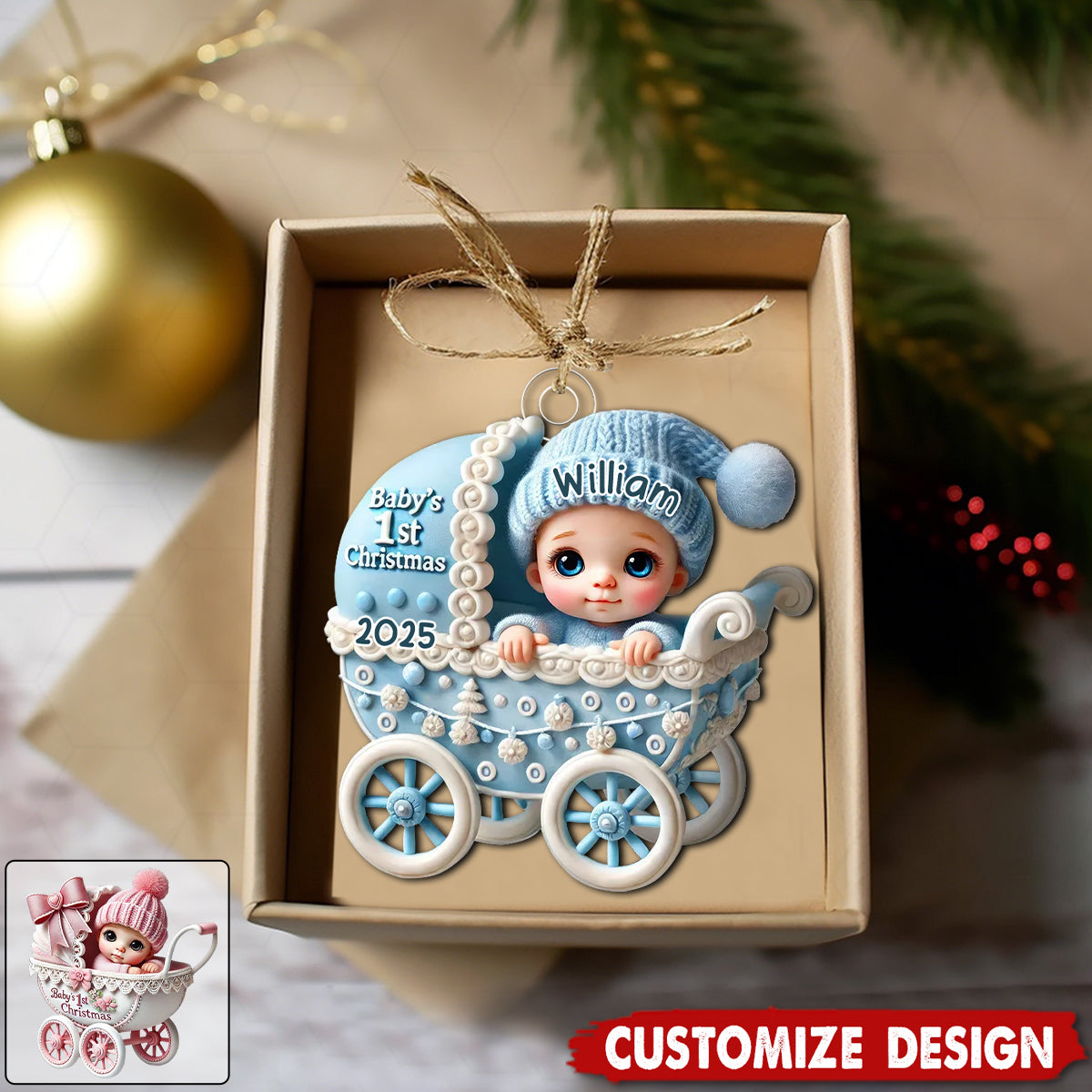 Newborn Baby In Carriage Christmas Personalized Acrylic Ornament
