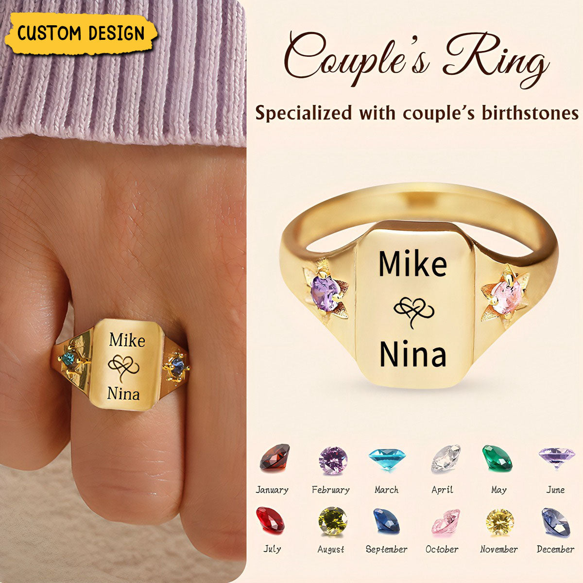 Custom Name Personalized Rings With 2 Birthstones, Gift for Couple (Unisex Design)